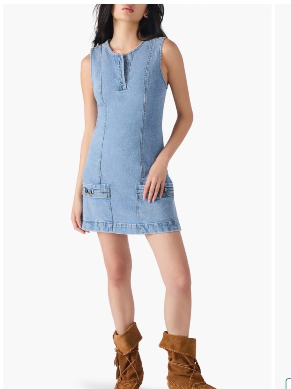 Steve Madden Denim Mini Dress 10 Sleeveless V Neck Back Zip Utility Pockets